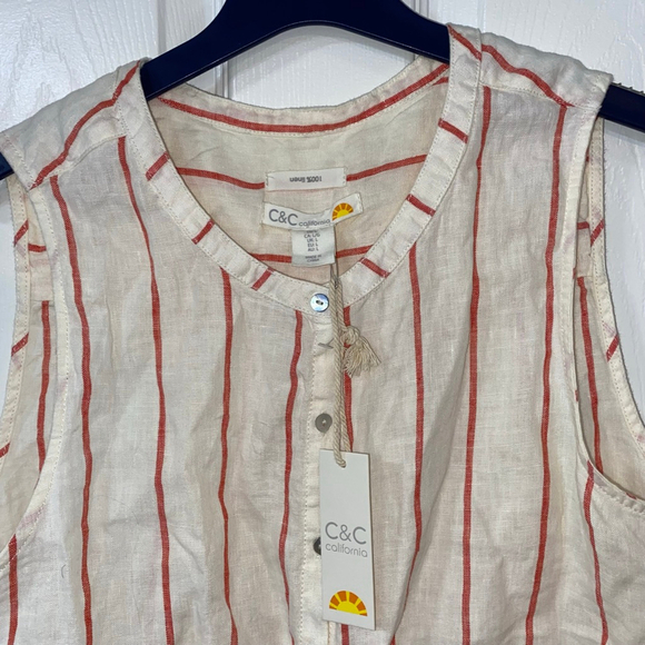 Women's C&C California Linen Red and Cream Striped Sleeveless Top Size L NWT - Picture 3 of 5